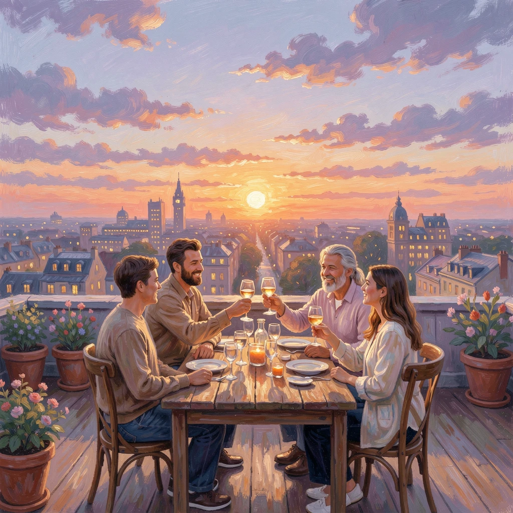 Friends toasting at a rooftop gathering as the sun sets over a glowing city skyline, as the first light of dawn breaks, radiating joy and gentle celebration.