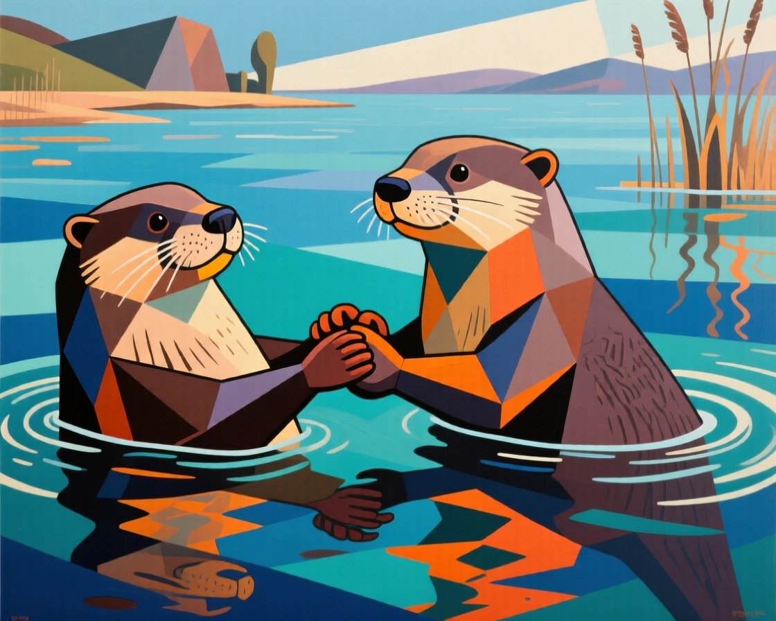 A pair of otters floating on their backs holding hands in a calm bay.