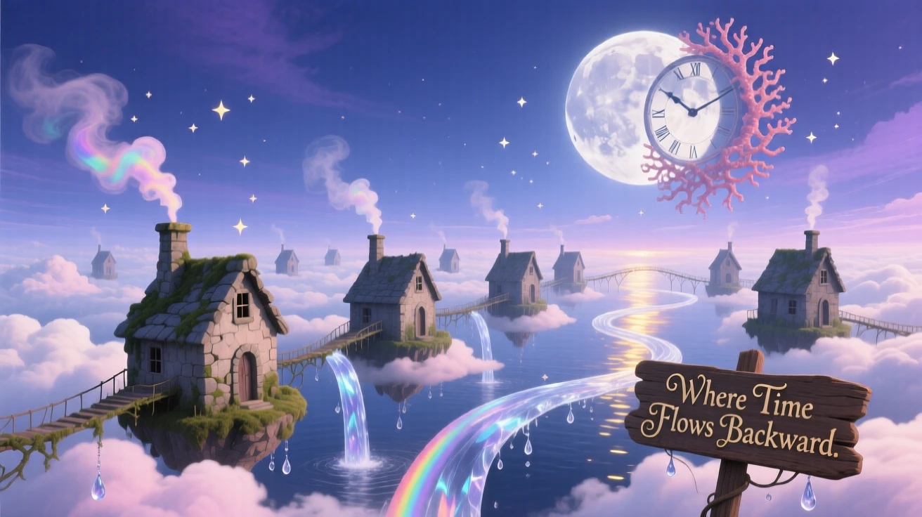 A school of stone houses swimming through open sky orbits silently through banks of soft cloud, while streams of water arc upward instead of down.