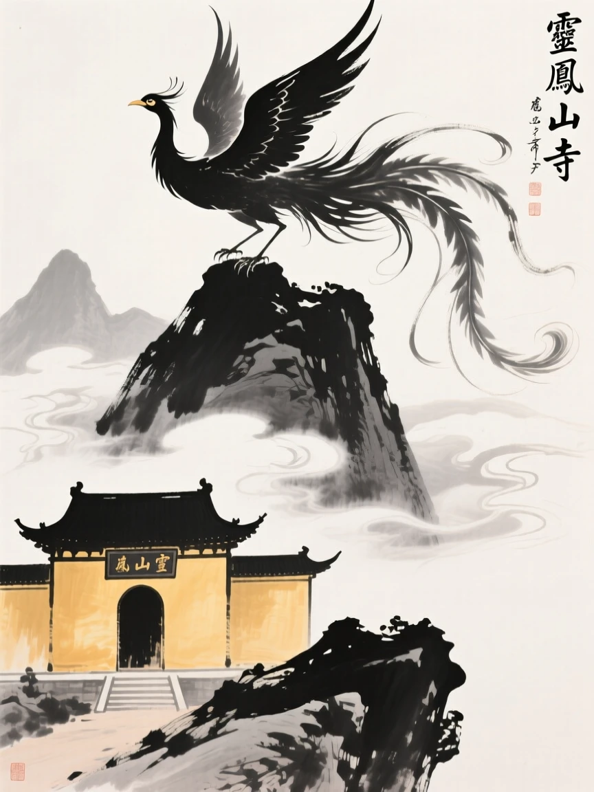 A phoenix rises above a mountain temple bathed in golden light, with clouds parting to reveal the peak below.