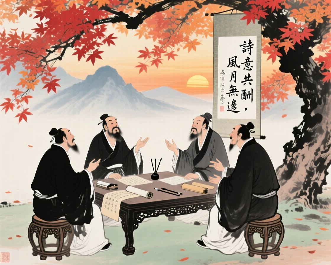 A group of scholars debating poetry beneath a canopy of maple leaves, as the sun sets behind distant peaks.