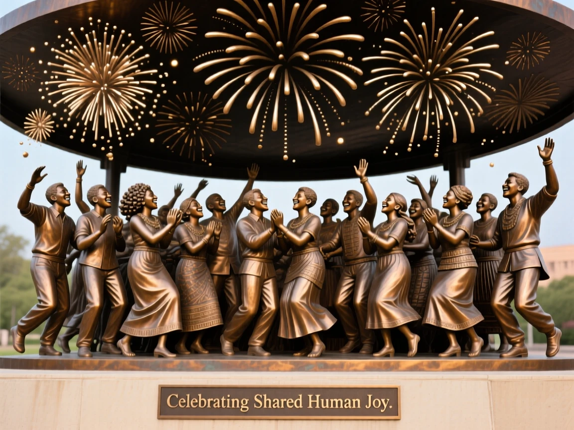 A community celebrating beneath a canopy of fireworks, with rich cultural detail and vibrant color, celebrating shared human joy