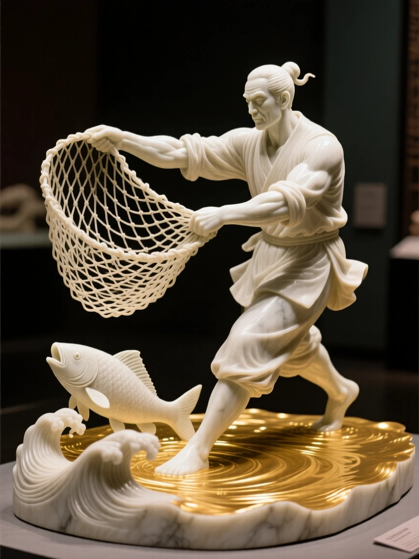 An evocative depiction of a fisherman casting his net into golden waters, captured with cinematic depth and detail, balancing detail with emotional depth
