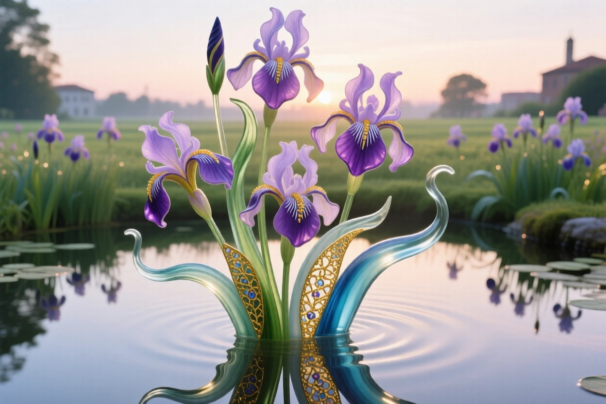 A field of blooming irises reflected perfectly in a still garden pond at dawn, elegant and serene.