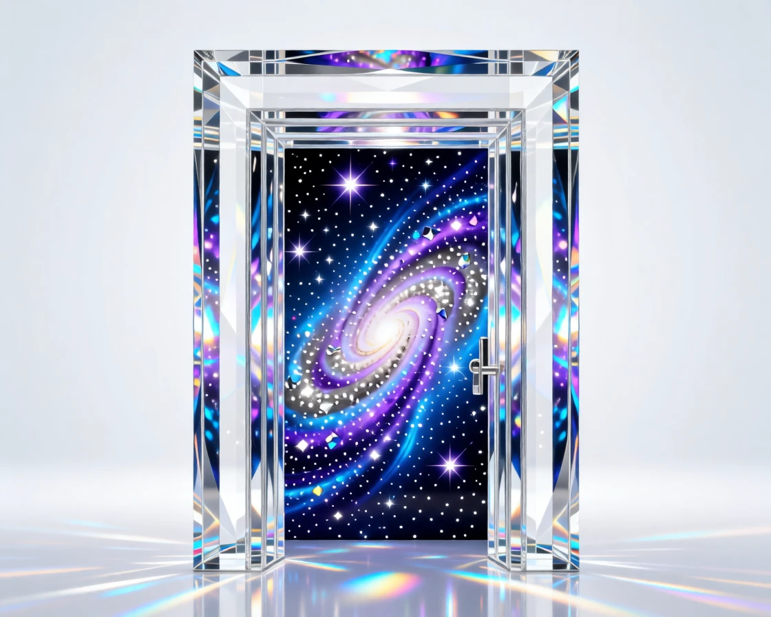 A surreal doorway opening into a swirling galaxy instead of a room.