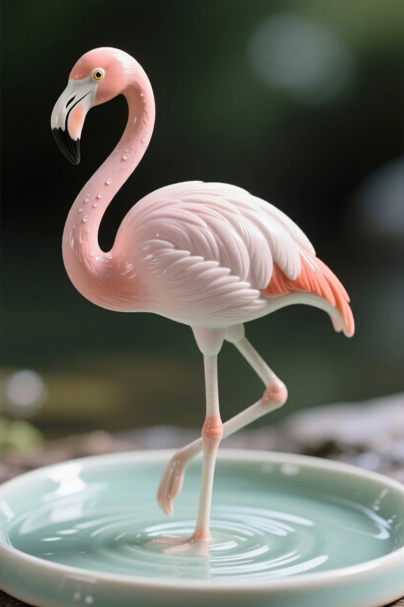 A flamingo standing on one leg fluttering gently in the afternoon light, glistening with a light morning dew, radiating delicate, fleeting beauty.