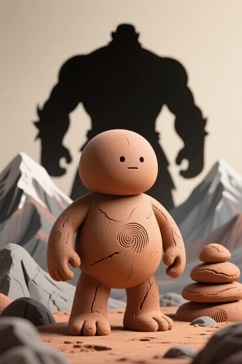 A titan's silhouette rising from behind distant mountain peaks