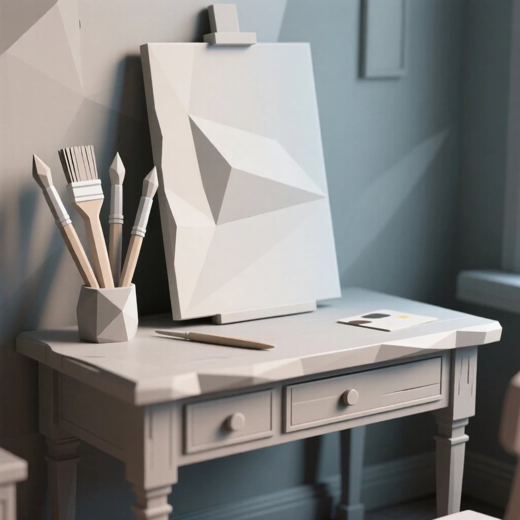 A set of paintbrushes beside a half-finished canvas, on an antique writing desk. a shallow depth of field isolates the main object. It evokes a feeling of gentle nostalgia.