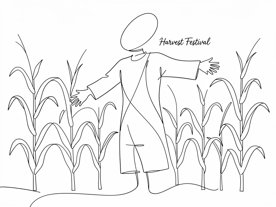 A harvest festival scarecrow standing in a field of golden corn stalks