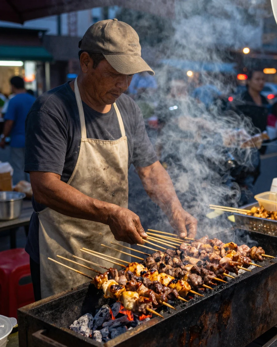 A street vendor grills skewers of meat over hot coals, smoke curling into the evening air.