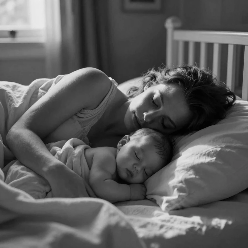 A mother and her infant son nap together in a soft blanket in a sunlit nursery.