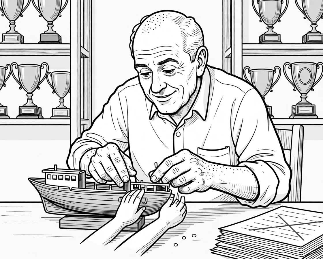 A grandfather building an elaborate model ship, guiding flour-dusted hands through a familiar motion, set in a den lined with dusty trophies. Red pen marks trail across a stack of essays. It captures the quiet joy of passing traditions down.