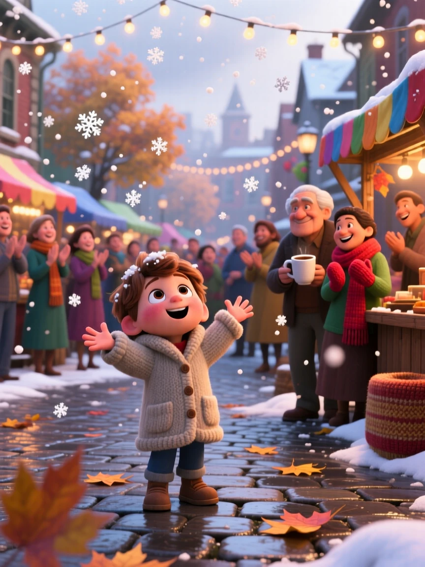 A child seeing snow for the first time unfolds at a lively community celebration, with a gentle breeze rustling nearby leaves. The mood is triumphant, warm, and full of love.