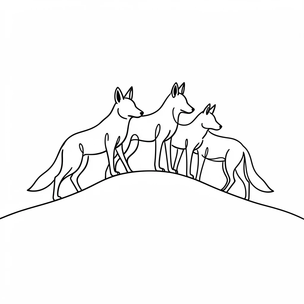 A pack of coyotes silhouetted on a desert ridge at dusk