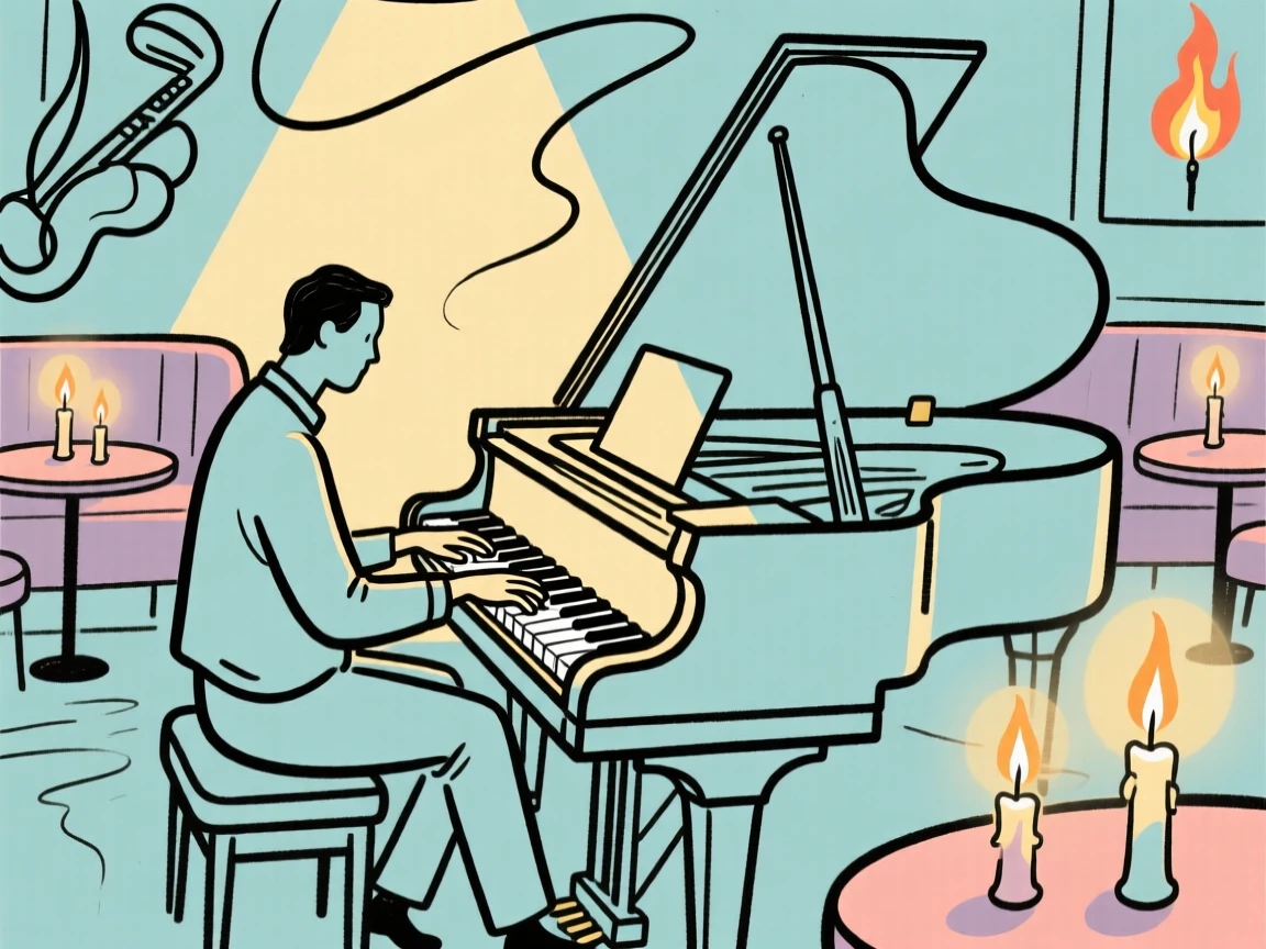 A pianist playing softly in a candlelit jazz lounge.