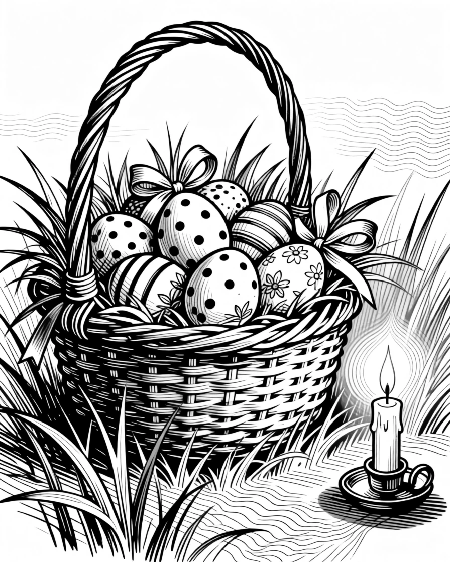 A basket of easter eggs nestled in spring grass with soft candlelight flickering nearby, with ribbons and ornaments catching the light, capturing a cheerfully celebratory seasonal moment.