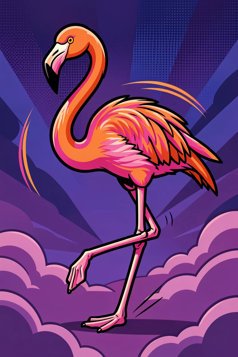 A flamingo captured mid-motion against a dramatic sky