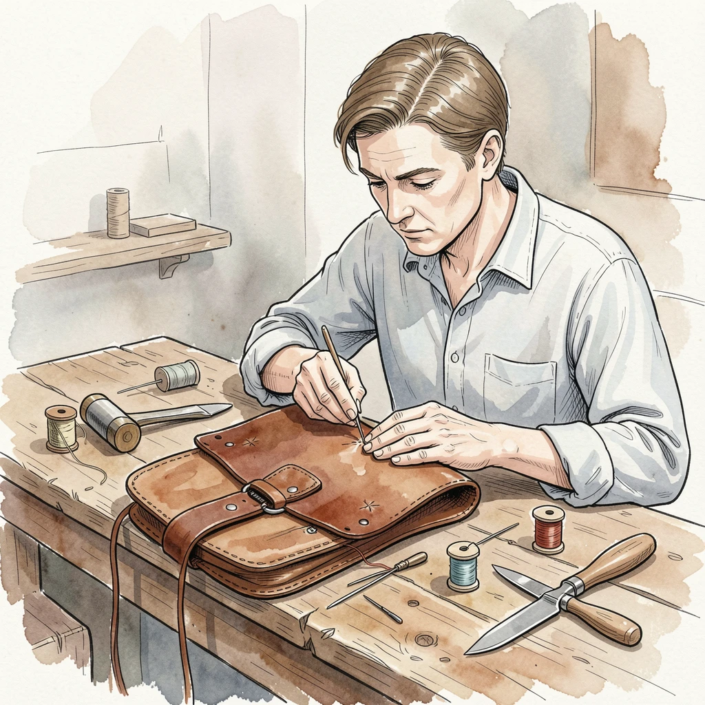 A leatherworker stitching a handmade satchel at a rustic workbench, a quiet sense of skill and patience throughout the scene.