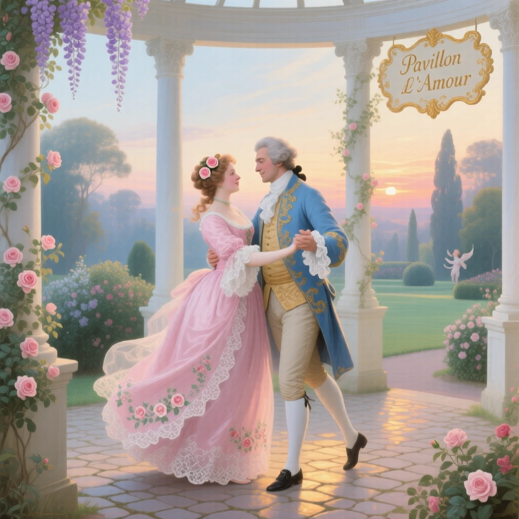 A couple dancing alone in a garden pavilion after sunset  