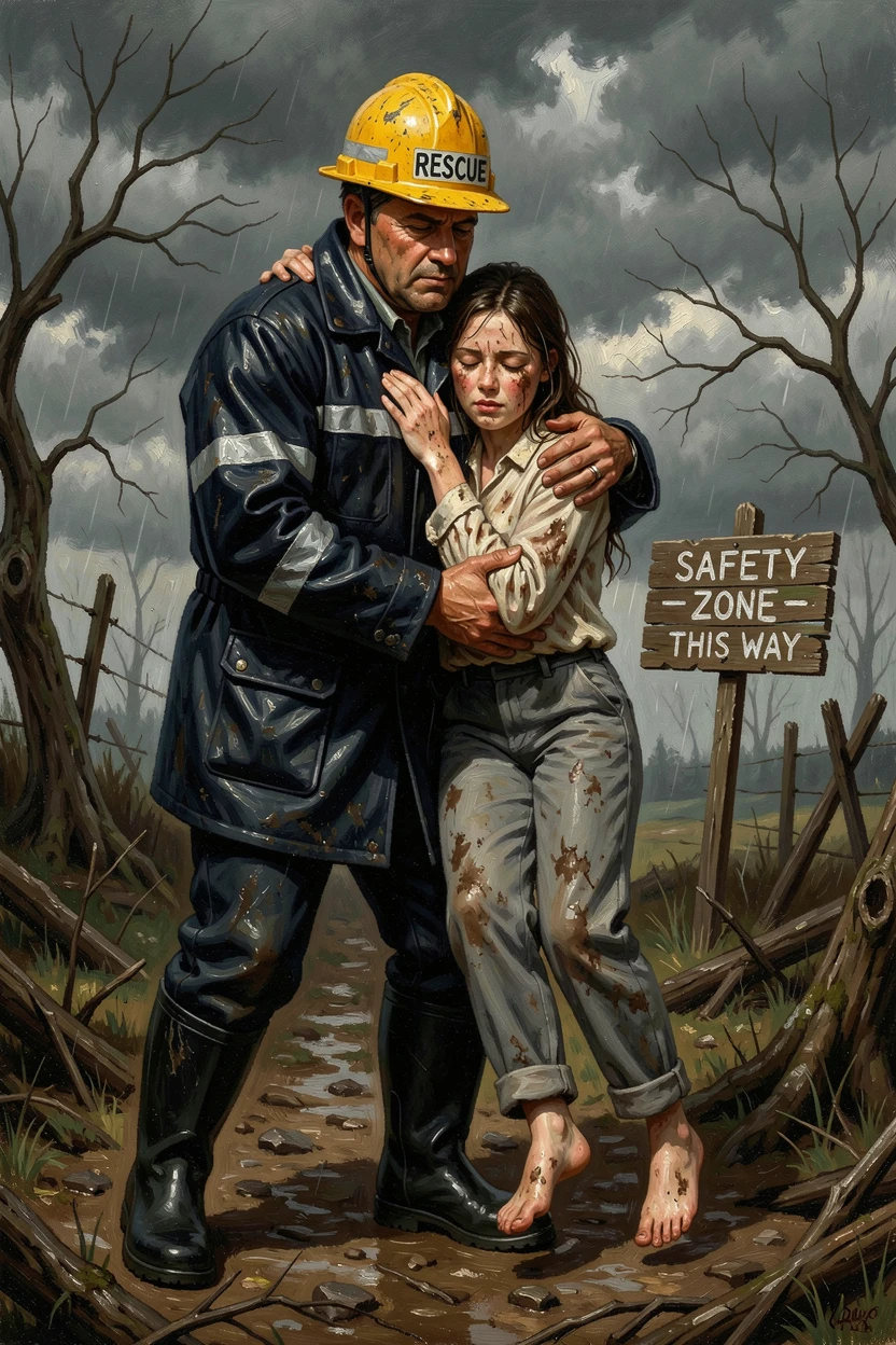 A rescue worker carrying an exhausted survivor to safety after a storm, with hands clasped tightly, conveying connection and support, offering a genuinely moving and unforgettable emotional moment