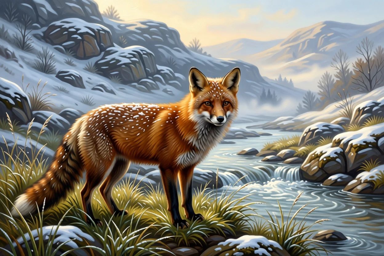 A curious fox pausing at the edge of a snow-dusted forest captured in a moment of wild grace and quiet power, set beside a rushing river cutting through ancient hills, with dew-covered grass, drifting mist, and soft golden light; the composition balances raw power with graceful, natural stillness, filled with gentle warmth and admiration for living creatures.