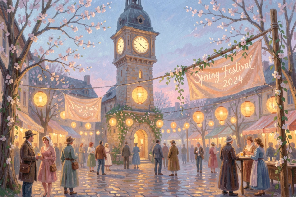 An old-world clocktower square where townsfolk gather beneath strings of lanterns for a festival, just as the first blossoms of spring appear, radiating joy and gentle celebration.