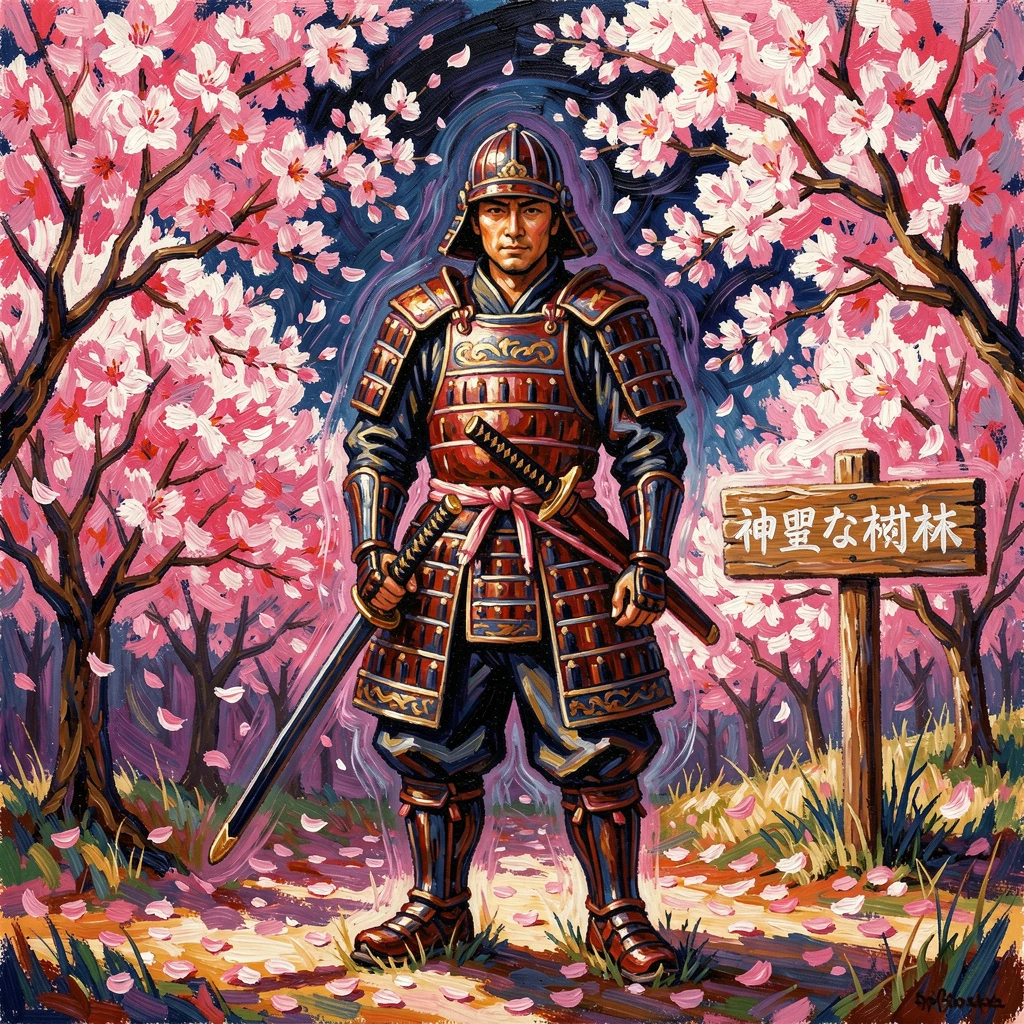 A samurai standing at the edge of a cherry blossom grove, sword resting at his side.