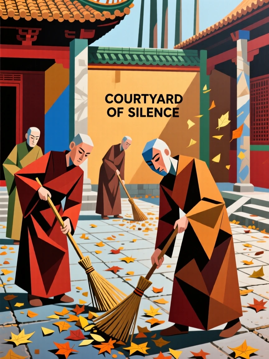 A group of monks sweeping fallen leaves in a tranquil temple courtyard.