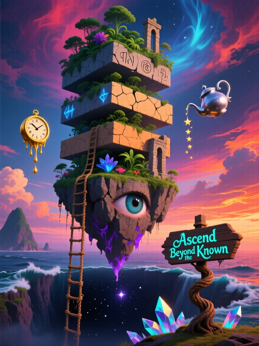 An archipelago of islands stacked one atop another like blocks tilts at an impossible angle without ever falling, as a rope ladder dangles into empty space below.