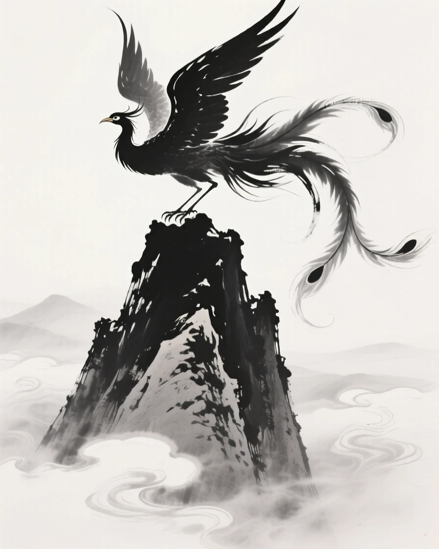 A phoenix circles above a sacred mountain peak wreathed in mist, with clouds parting to reveal the peak below.