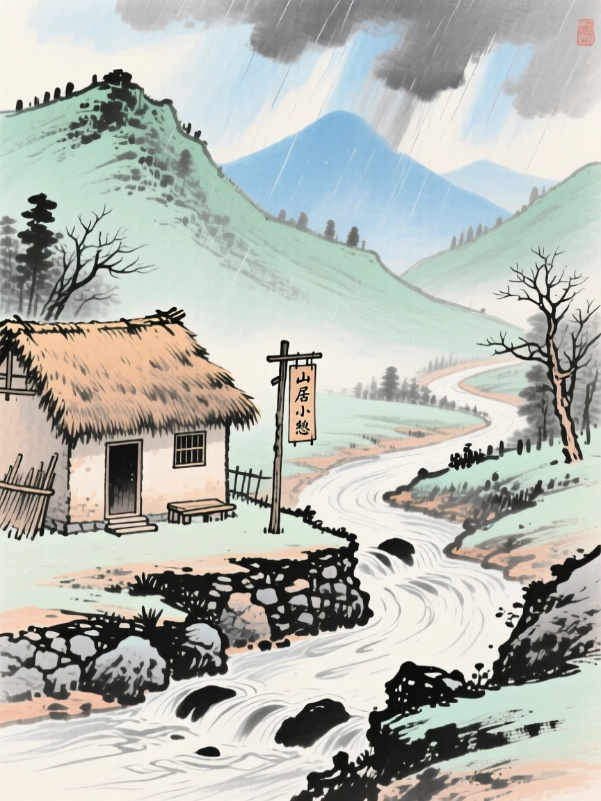 A rustic thatched cottage beside a bend in a mountain stream, under clearing skies after a storm, in the mild days of early winter.
