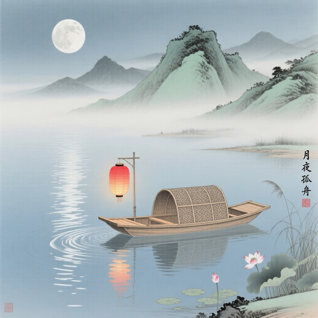 A moonlit lake with a single lantern boat, distant peaks fading into layers of mist
