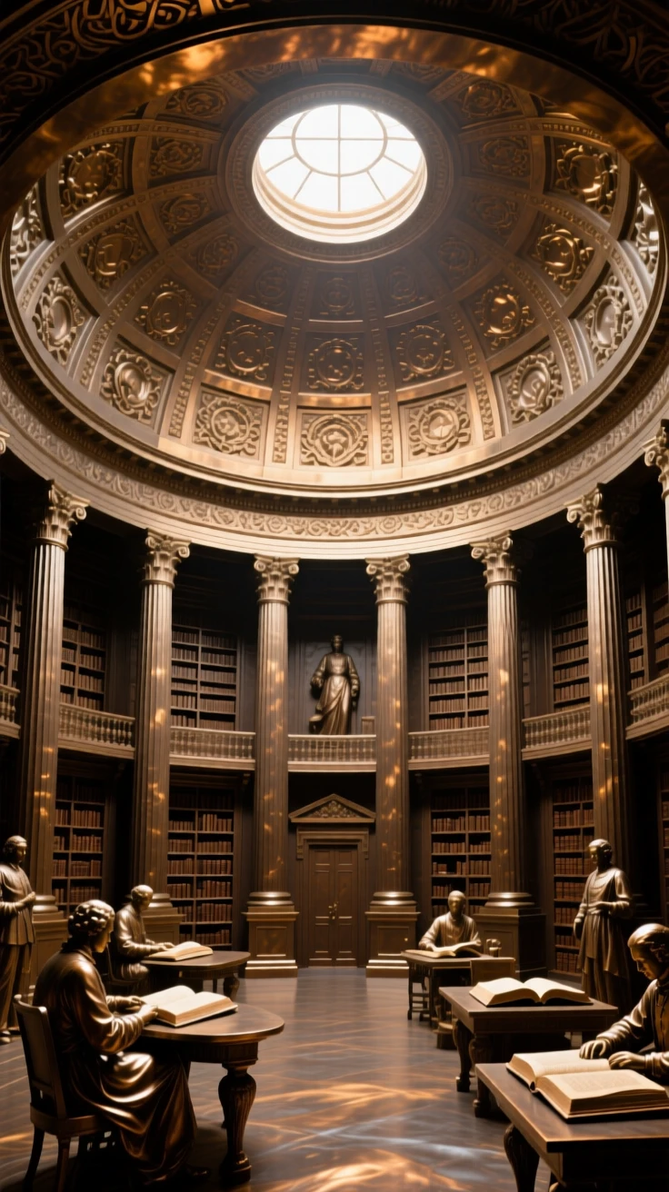 A majestic library rotunda filled with soft daylight, rendered with striking symmetry and scale, exuding timeless grandeur