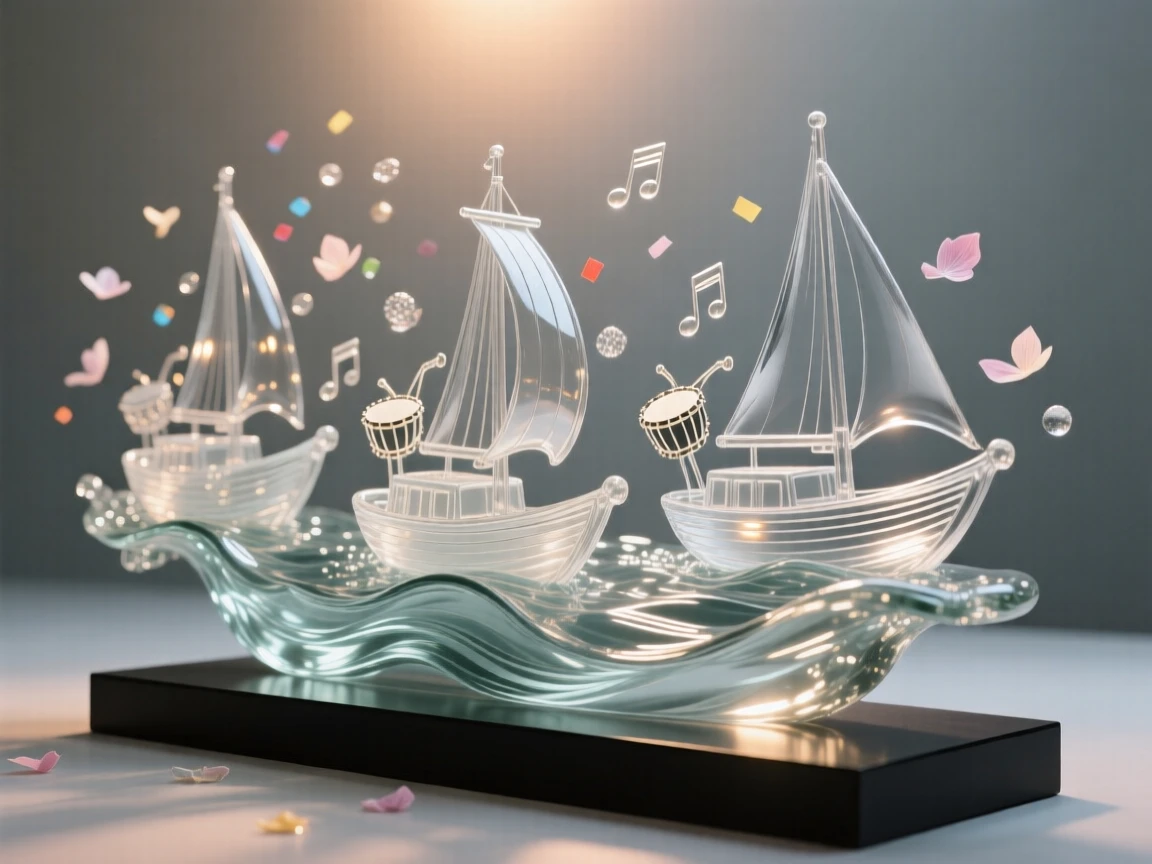 A boat parade drifting down a river during a water festival with music and drumbeats echoing through the streets, while confetti and petals drift through the evening air