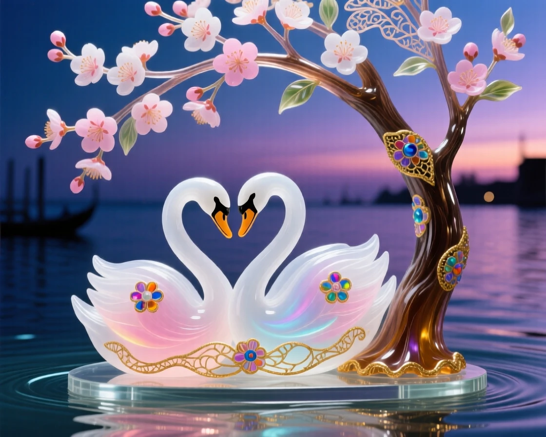 A pair of swans nesting beneath a blossoming cherry tree at the water's edge at dusk, tender and idyllic.