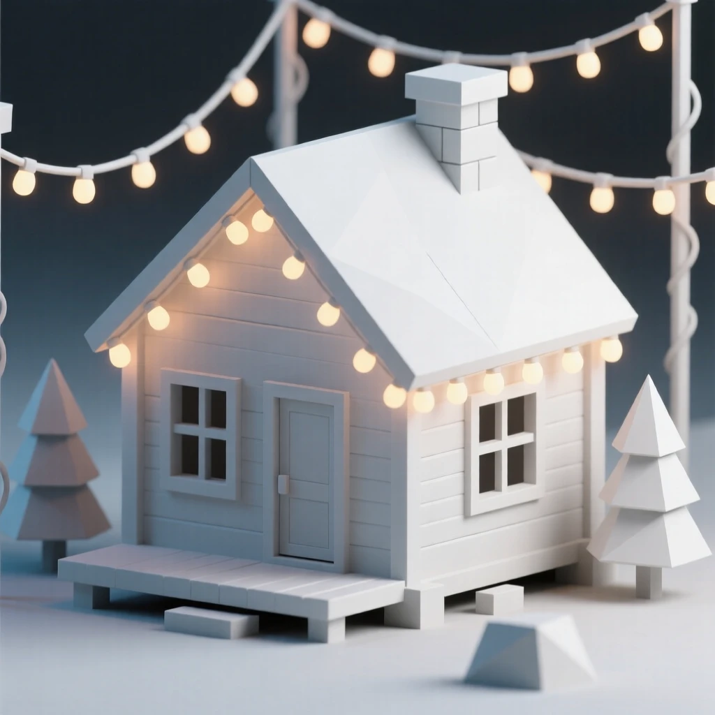 A cozy cabin glowing with warm holiday lights, under strings of warm twinkling lights. small charming details enrich the festive setting. The mood feels cozy and nostalgic.