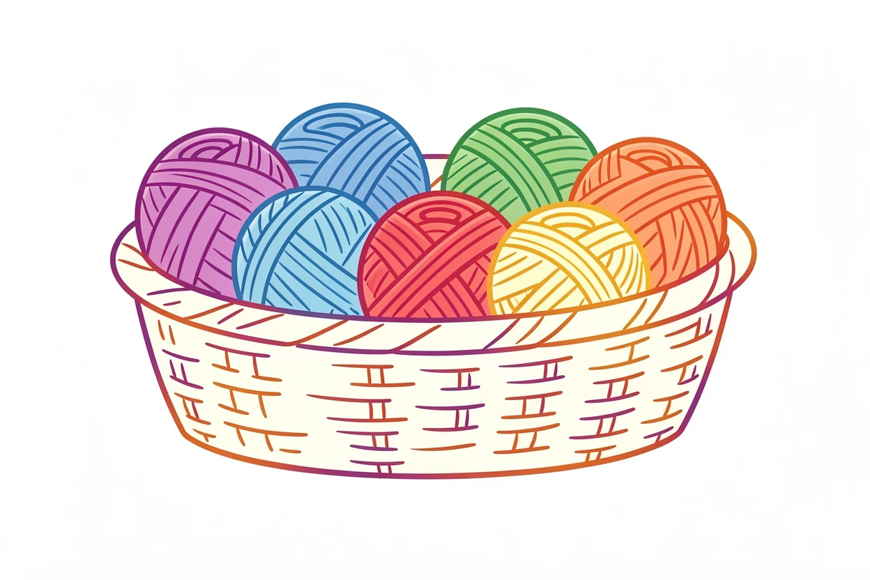 A row of colorful yarn skeins organized by shade in a wicker basket.