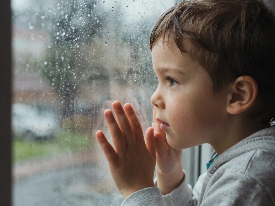 A child pressing their face against a rain-streaked window