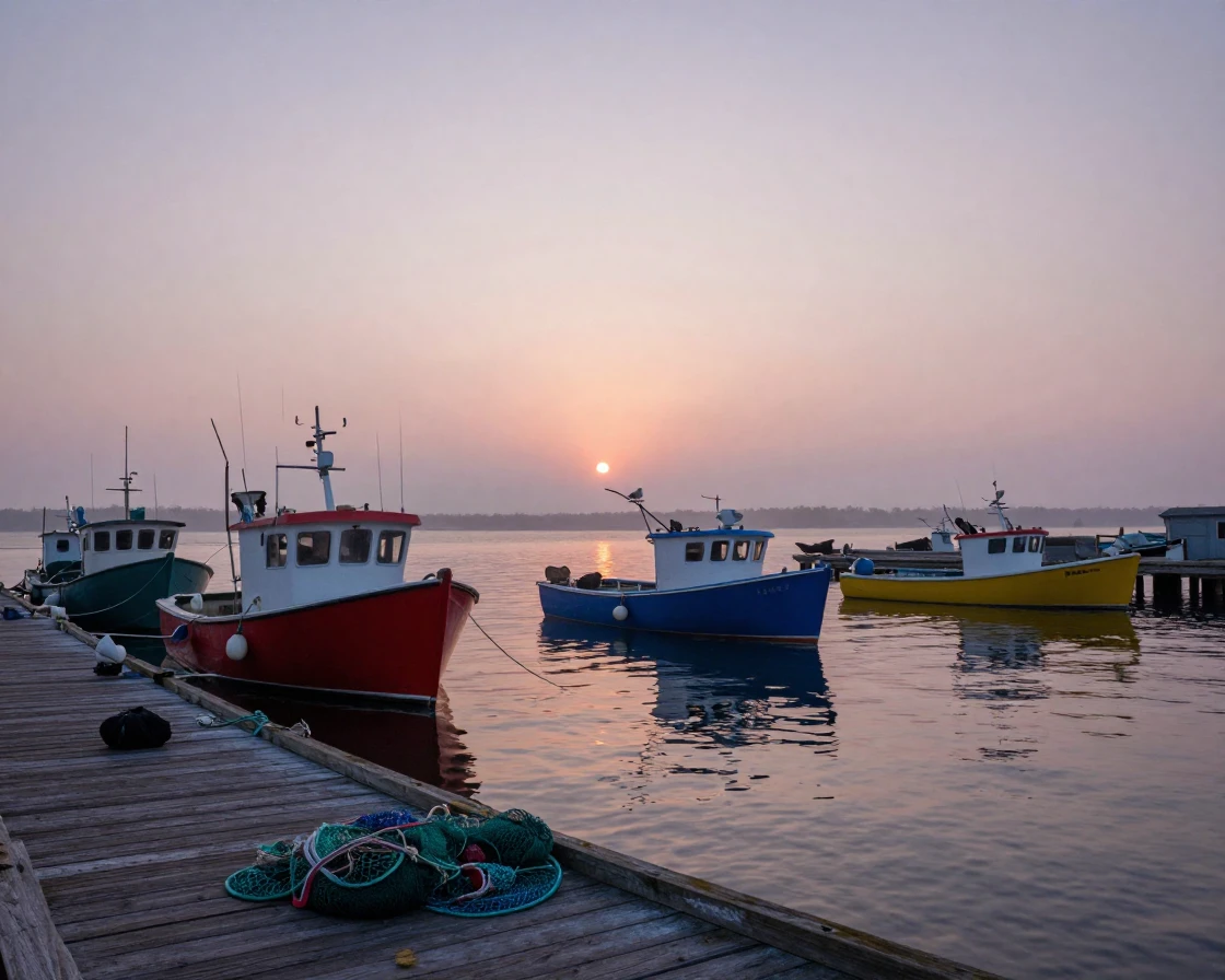 A row of colorful fishing boats bobs gently in a small harbor at dawn.