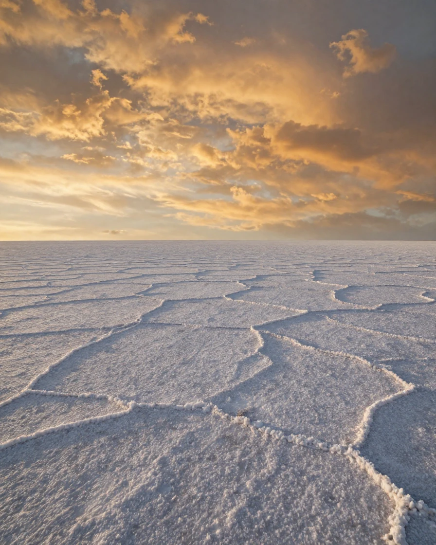 A vast salt flat stretching to the horizon, stretching endlessly beneath drifting autumn clouds