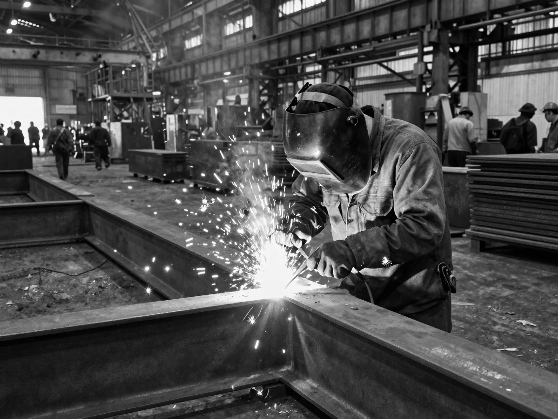 A welder welds two steel beams together in a shower of sparks inside a busy shipyard.