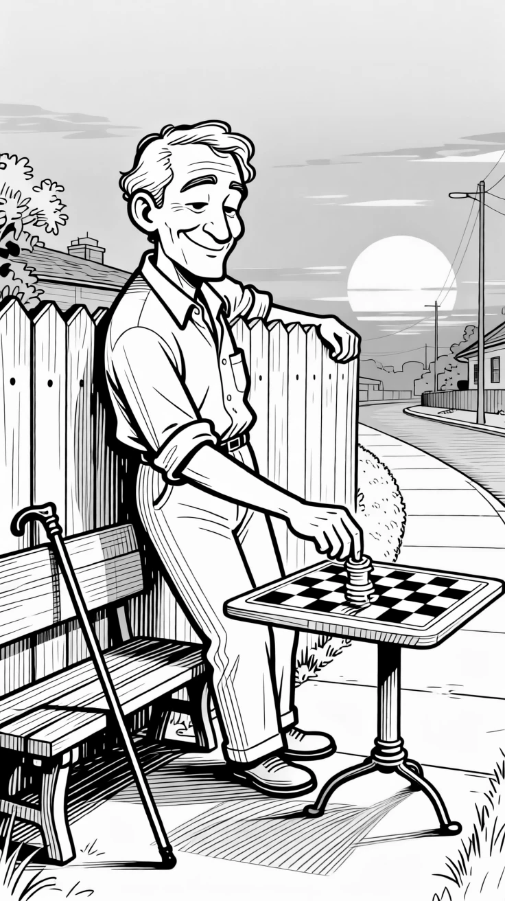 An old farmer leaning on a fence, watching the sunset, sliding a checker piece across the board with a triumphant wink, set along a quiet neighborhood sidewalk. A cane leans against a nearby bench, momentarily forgotten. The scene radiates hard-won wisdom shared with love.