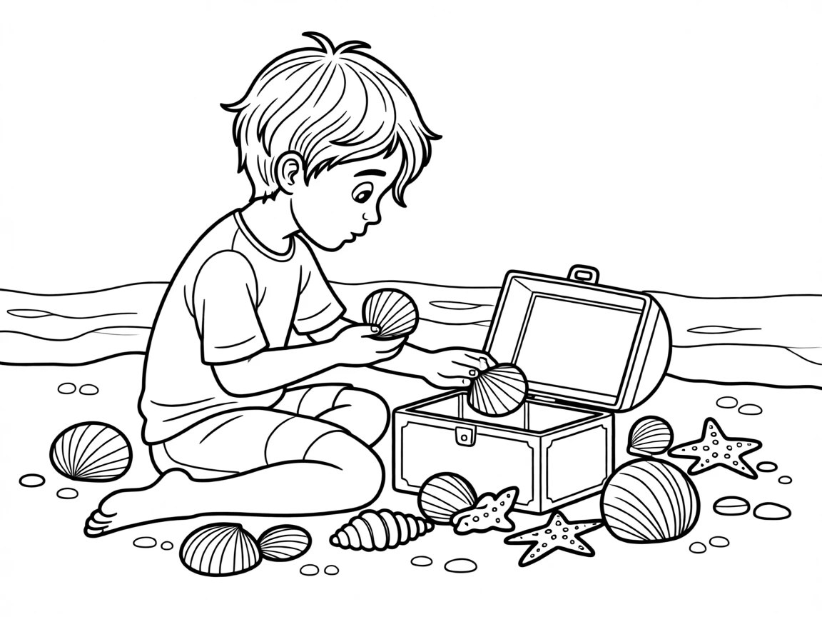 A young collector organizing seashells from a beach trip