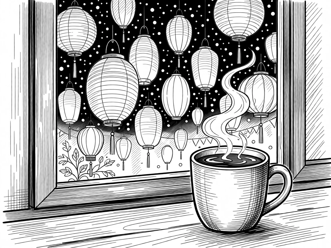 A lantern festival lighting up a night sky as snow gently falls outside the window, with a steaming mug of cocoa resting nearby, capturing a warmly festive seasonal moment.