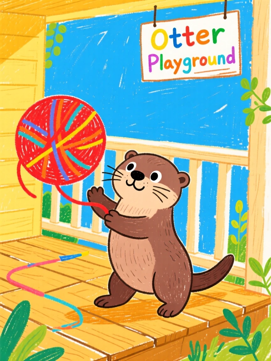 A playful otter pup playing with a ball of yarn on a porch.