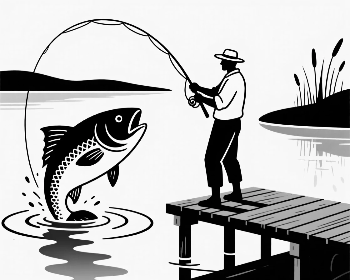 A fisherman reeling in a large catch on a lake.