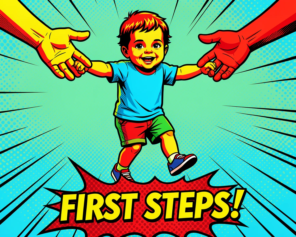 A toddler taking their first steps toward outstretched arms
