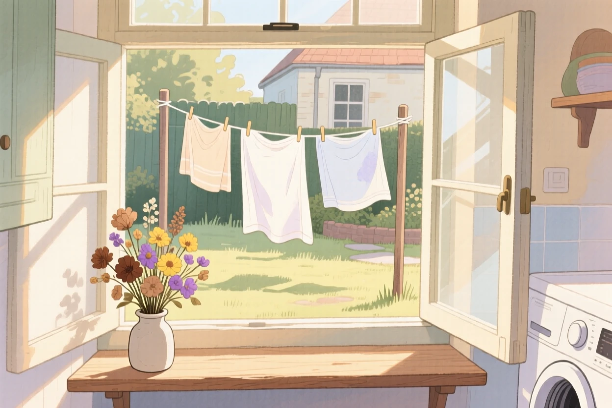 A sunlit laundry room with fresh linens drying on a line strung across the yard, with dried flowers tucked into a small vase, filled with quiet gratitude for life's small pleasures.