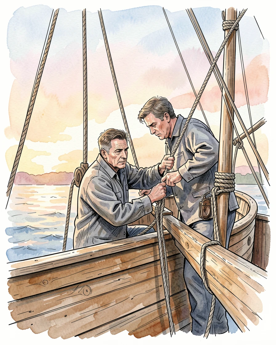 A sailor adjusting the rigging on a small wooden boat at dawn, focused concentration evident in every careful movement.