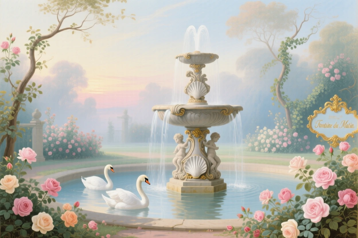 A garden fountain at dawn surrounded by mist, roses, and white swans  